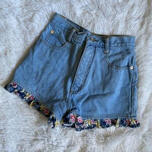 Floral Ruffle Hem Hi Rise Jean Shorts